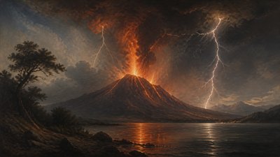 an erupting volcano with lightning strikes, dramatic wide composition, no text