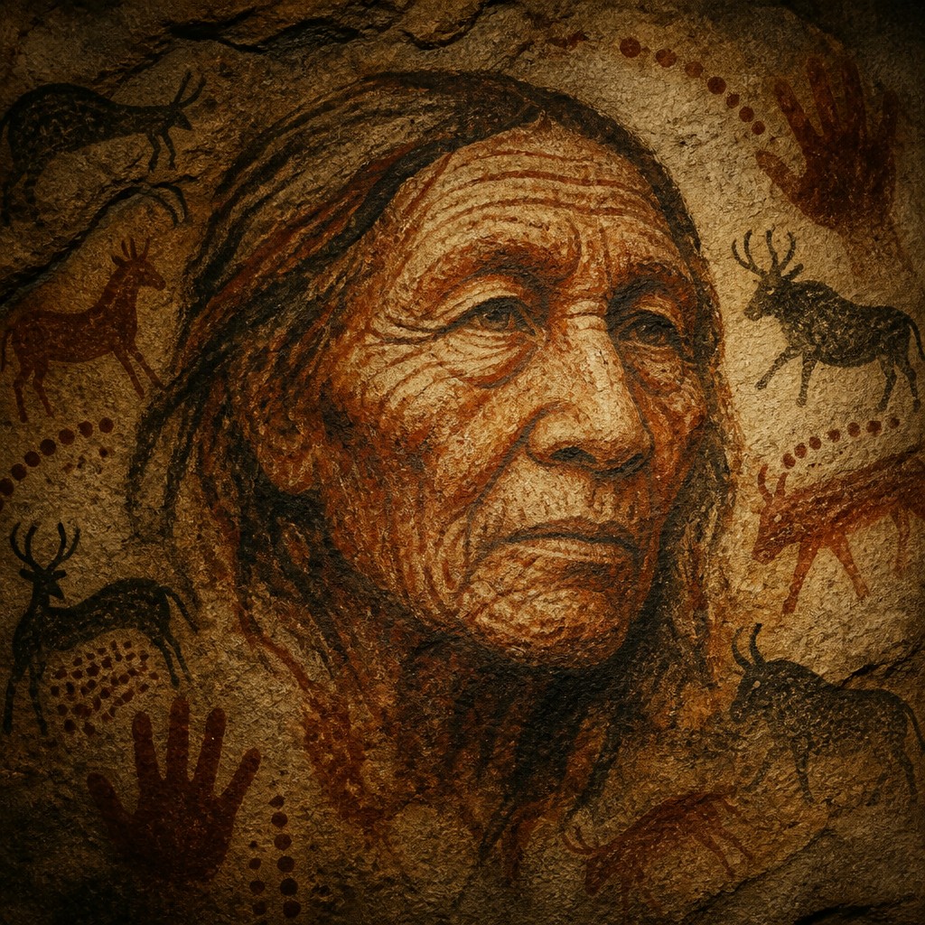 close-up portrait of an elderly person with expressive weathered features — Prehistoric Cave Art Style