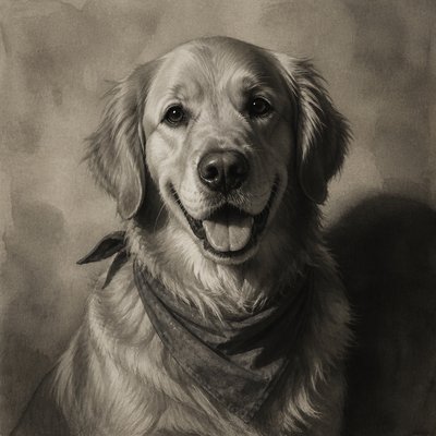 portrait of a golden retriever wearing a blue bandana, warm plain backdrop, no text