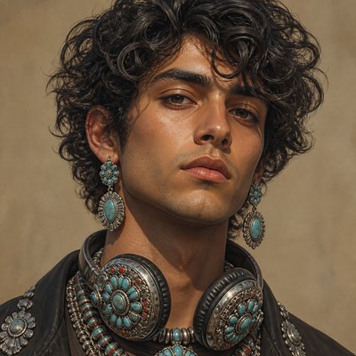 head-and-shoulders portrait of an original character: a young man with curly dark hair and headphones around his neck, plain backdrop, no text