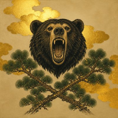 a roaring bear head above crossed pine branches, bold graphic composition on a plain background, no text