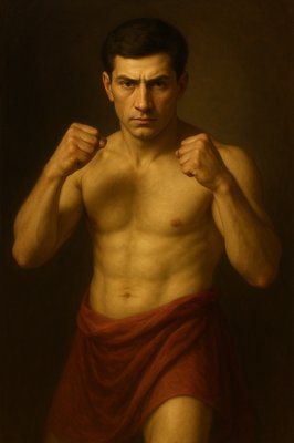 a painting of a man with a towel around his waist