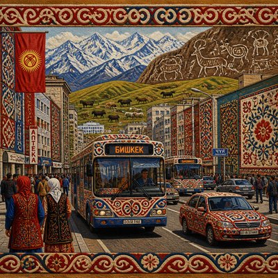 urban street with city activity — Kyrgyz Art Style