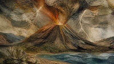 an erupting volcano with lightning strikes, dramatic wide composition, no text