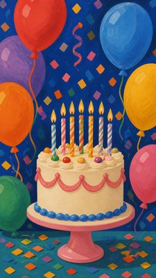 a birthday cake with lit candles surrounded by balloons and confetti, festive vertical composition, no text