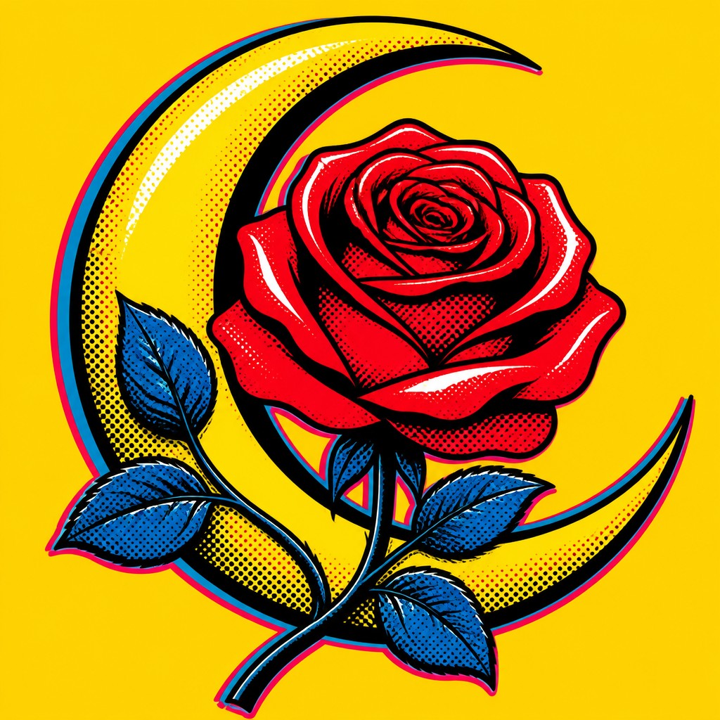 a rose entwined with a crescent moon, clean balanced composition on a plain background, no text