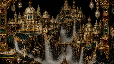 a cliffside city with waterfalls cascading into a misty canyon, wide establishing shot, no people, no text