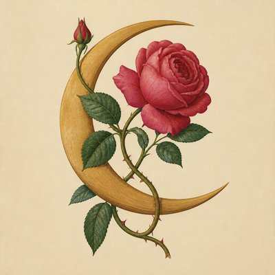 a rose entwined with a crescent moon, clean balanced composition on a plain background, no text