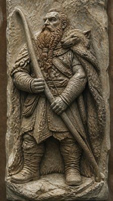 full-body original character: a dwarven ranger with a braided auburn beard, worn leather armor, a longbow and a wolf-pelt cloak, neutral background, no text