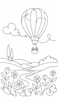 a hot air balloon drifting over rolling flower fields on a sunny day, cheerful, no text