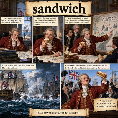 Please create a narrative for the spelling word "sandwich". Lord Sandwich is at his desk eating a sandwich planning naval strategy so that the British don't lose the war at sea. Please display the word prominently.