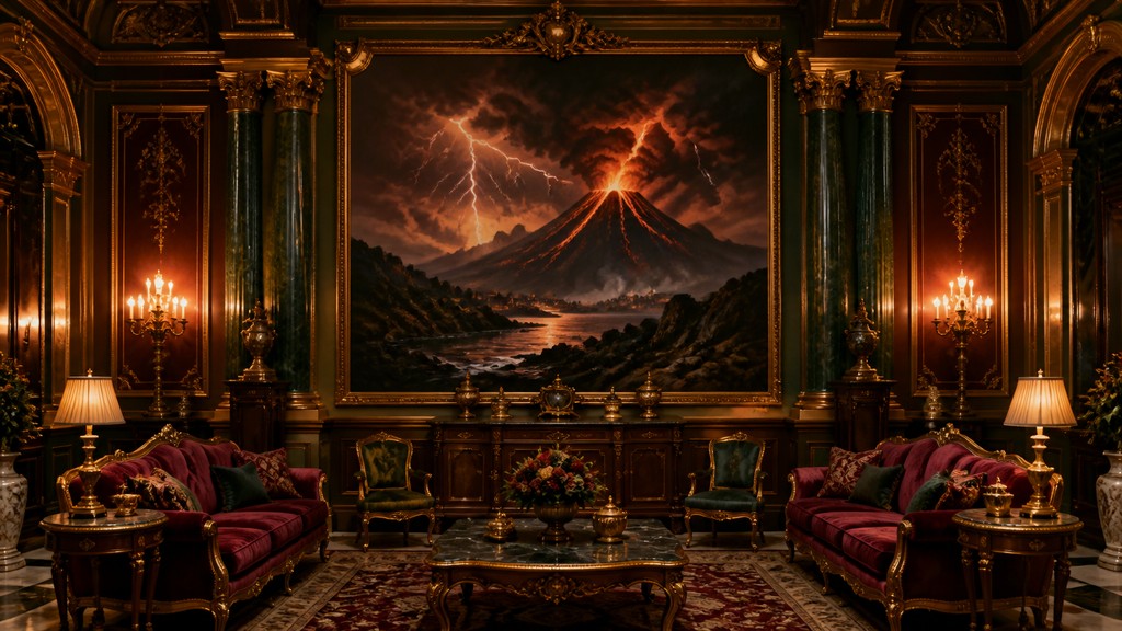 an erupting volcano with lightning strikes, dramatic wide composition, no text