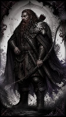 full-body original character: a dwarven ranger with a braided auburn beard, worn leather armor, a longbow and a wolf-pelt cloak, neutral background, no text