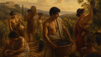 ancient greek workers in the vineyard