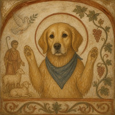 portrait of a golden retriever wearing a blue bandana, warm plain backdrop, no text