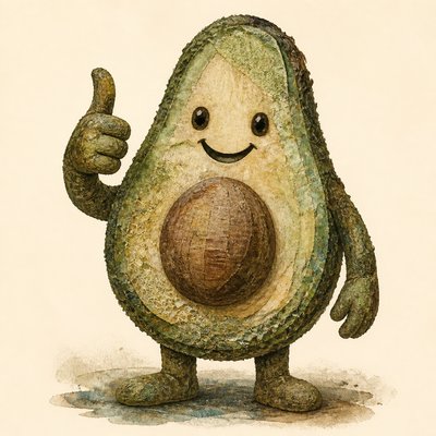 a happy avocado character giving a thumbs up, bold readable design on a plain background, no text