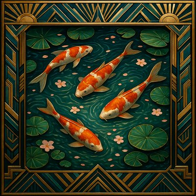 A koi pond seen from above, orange and white koi fish swimming among lily pads, clear water with subtle ripples, fallen cherry blossom petals floating on the surface, dappled sunlight