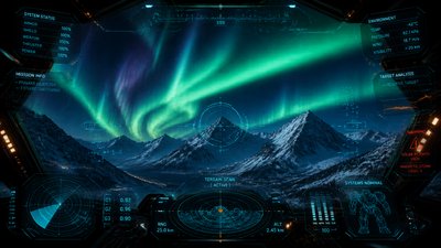 a flowing aurora over snowy peaks, wide sweeping composition, no people, no text