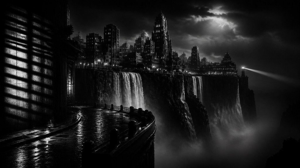 a cliffside city with waterfalls cascading into a misty canyon, wide establishing shot, no people, no text