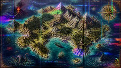 a map of an island realm with mountains, forests, a sheltered bay, sea monsters in the water and a compass rose, no text labels