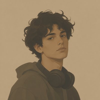 head-and-shoulders portrait of an original character: a young man with curly dark hair and headphones around his neck, plain backdrop, no text