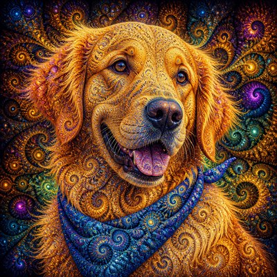 portrait of a golden retriever wearing a blue bandana, warm plain backdrop, no text