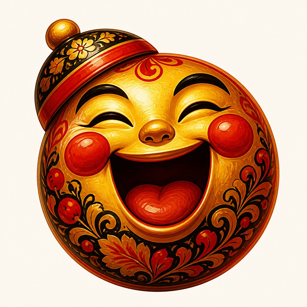 an exaggerated laughing face of an original round mascot character, bold and readable at small size, plain background, no text
