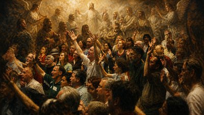 a painting of a crowd of people raising their hands