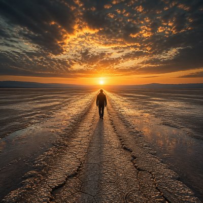 a solitary figure walking toward a glowing horizon across an empty plain, moody atmosphere, no text or lettering