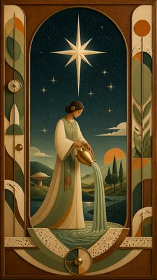 a robed figure pouring water beneath a large eight-pointed star in a night sky, symmetrical composition with an ornate decorative border, no text