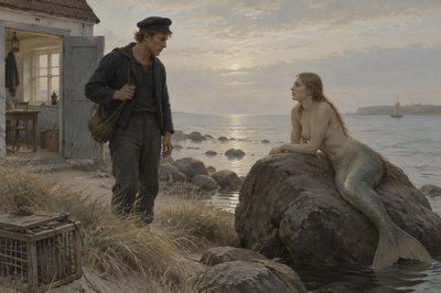 the sailor meets the mermaid resting on a rock