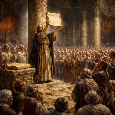 Express without words “And the king stood by a pillar, and made a covenant before the LORD, to walk after the LORD, and to keep his commandments and his testimonies and his statutes with all their heart and all their soul, to perform the words of this covenant that were written in this book. And all the people stood to the covenant.” (2 Kings 23:3, KJV)
