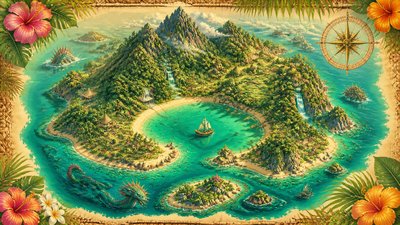 a map of an island realm with mountains, forests, a sheltered bay, sea monsters in the water and a compass rose, no text labels