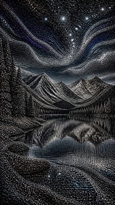 a tranquil mountain lake beneath a starry night sky, no people, no text