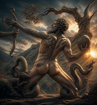 a painting of a man holding two snakes