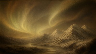 a flowing aurora over snowy peaks, wide sweeping composition, no people, no text