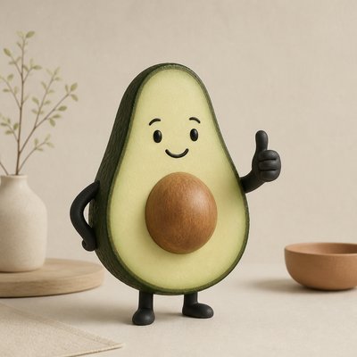 a happy avocado character giving a thumbs up, bold readable design on a plain background, no text