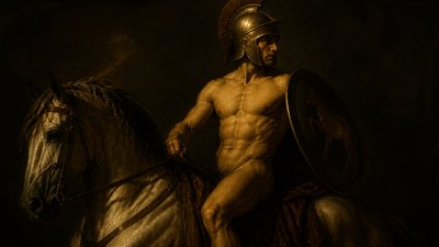 ancient greek ignudi warrior with helmet riding a horse