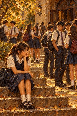 a painting of a girl sitting on steps