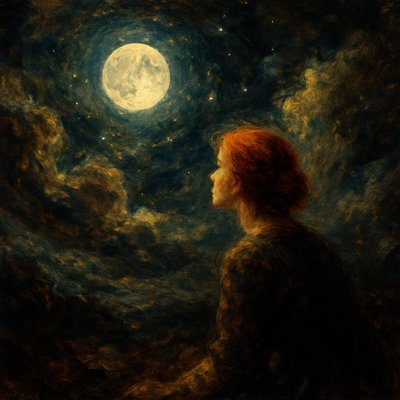 An evocative, emotive and respectful interpretation of Psalm 8:3-6 from the Christian faith. The style should take inspiration from the color pallet and brush strokes of the Romantic era. The grandeur of the night sky with its silvery moon, twinkling stars, and billowy clouds is prominently featured. A humble woman with red hair is observing these celestial wonders, symbolizing their reflection on God's creation. While there are no words or text in the image, the overall atmosphere is one of devotion and reverence.