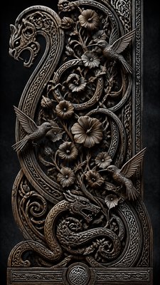 a climbing vine of flowers and hummingbirds on a dark background, tall wrapping composition, no text