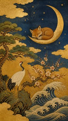 a sleeping baby fox curled on a crescent moon among soft stars, gentle and warm, no text