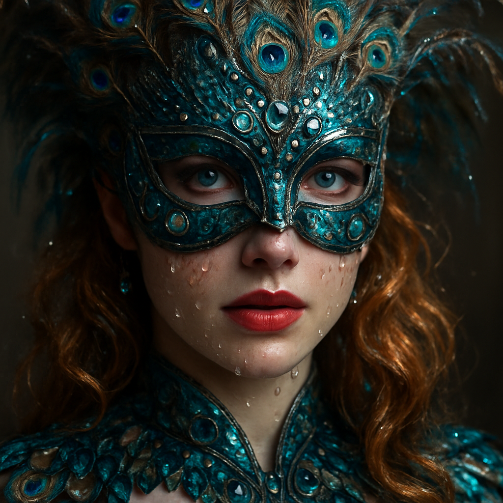 A lady with strawberry blonde hair with a peacock style masquerade costume 