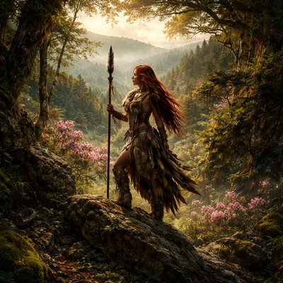 express a lady Native American warrior of the native area of Roan Mountain Tennessee with long red hair on the upper peaks of Roan Mountain during the Rhododendron Festival