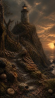 a lone lighthouse on a cliff at dusk under a dramatic sky, no text or lettering