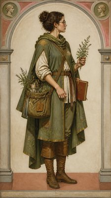 full-body original character: a wandering botanist with a satchel of plants, a patched green cloak, tall boots and round glasses, neutral background
