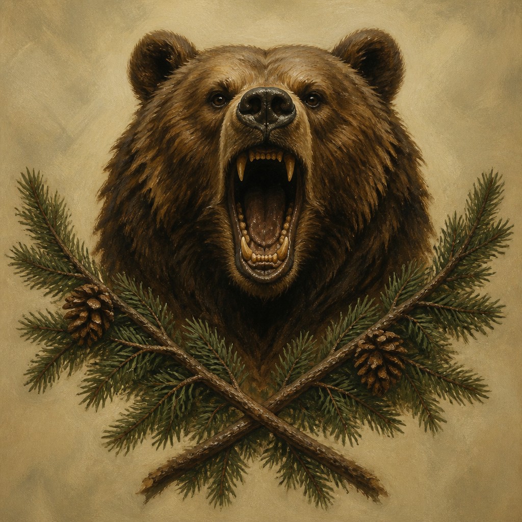 a roaring bear head above crossed pine branches, bold graphic composition on a plain background, no text