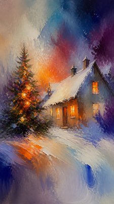 a snow-covered cottage with warm glowing windows beside a decorated pine tree, gentle snowfall, no text
