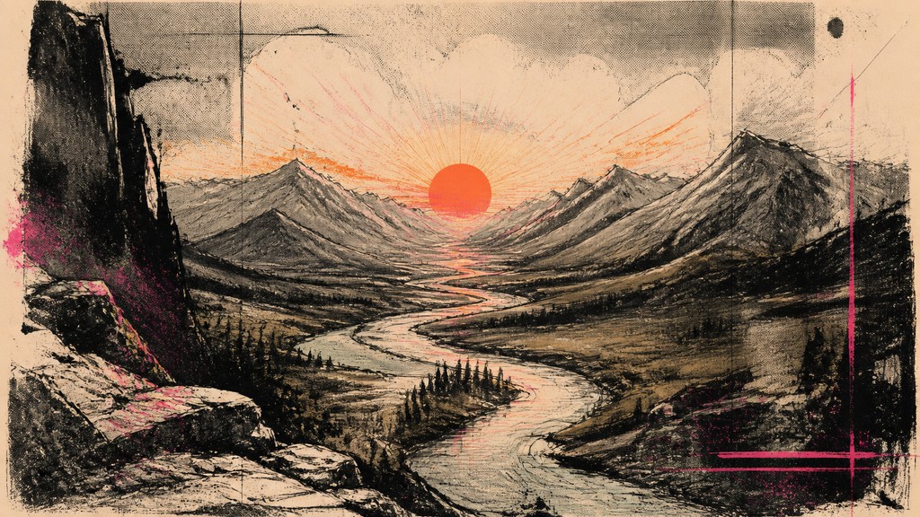 a vast valley with a river winding toward distant mountains at sunrise, no people, no text