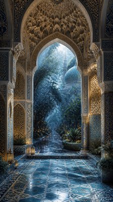 a mysterious forest path with fireflies and drifting mist, atmospheric vertical composition with open space at the top, no text